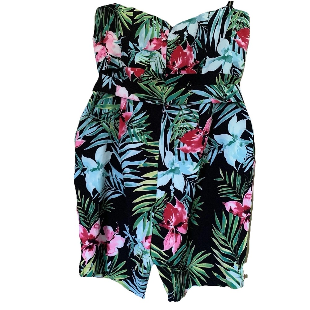 New York & Company tropical strapless romper black floral pattern Tie Belt SZ-XL